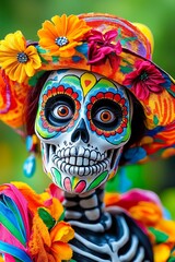 A woman in a colorful costume with a skull face paint and flowers on her head