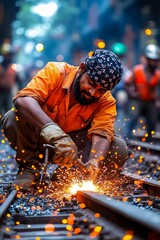 A man in an orange shirt is working on a train track