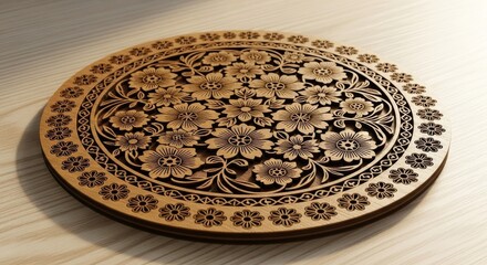 Intricate Floral Wood Carving Design - Detailed wood carving featuring floral patterns, showcasing craftsmanship and elegance, perfect for decorative arts and design projects