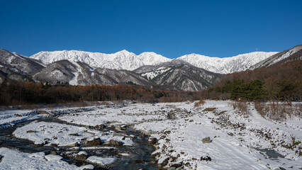 冠雪の北アルプス　山並み　長野県白馬村