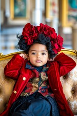 A little girl sitting on a couch with a flower crown on her head
