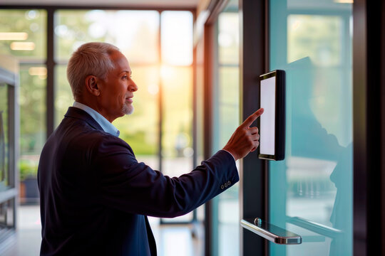Businessman using a wall-mounted touch screen for access control in a modern office. - Powered by Adobe