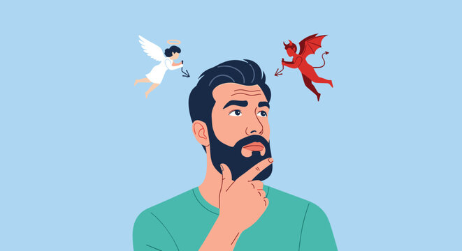 A bearded man contemplates a moral dilemma, with an angel and devil on his shoulders symbolizing good and evil influences.