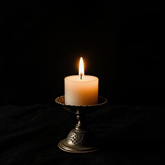 A single white pillar candle burns with a warm flame resting on an ornate metallic candlestick against a dark background