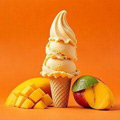 Mango ice cream cone three scoops plus soft serve swirl Fresh diced and halved mangoes with a green leaf on vibrant