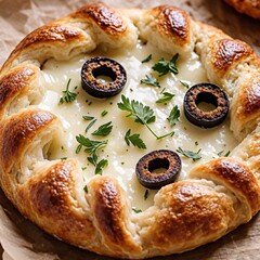 Golden braided savory tart with creamy cheese sliced black olives and fresh parsley Presented on rustic brown parchment