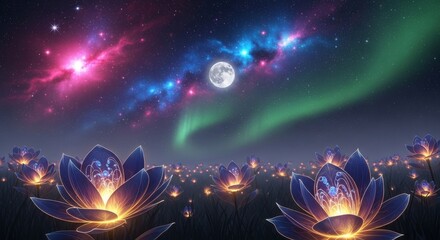 Luminous Flowers Under Starry Skies - Dreamy landscape with glowing flowers under a vibrant night sky. A scene that symbolizes hope, magic, wonder, serenity and beauty