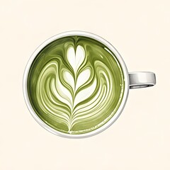 Top down view of a vibrant green matcha latte presented in a white cup adorned with intricate heart shaped latte art