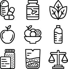 Healthy Nutrition and Organic Food Line Icons Balanced Diet and Supplement Vector Collection