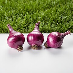 Three fresh red onions with roots and tops displayed in a row on a white surface against vibrant green grass