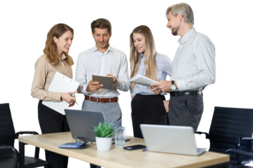 Business team discussing together business plans on a transparent background