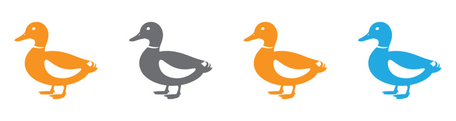 Cute duckling bird simple line art illustration. Black and white farm animal character for kids coloring book. Minimalist duck logo or icon vector design on white background