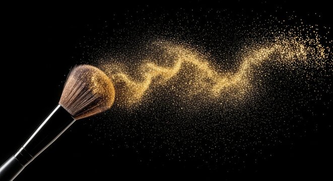 Makeup Brush and Golden Powder - A makeup brush with a cloud of golden powder flowing from it, set against a solid black background