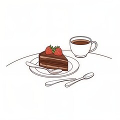 Slice of rich chocolate cake with fresh strawberries on a white plate alongside a cup of hot beverage and spoons