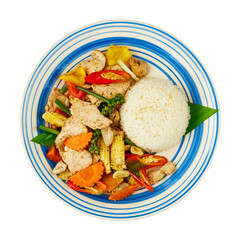 Thai Spicy Stir-Fried Pork with Vegetables and Rice – Isolated on White with Clipping Path