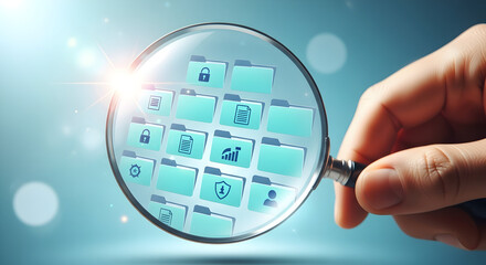 magnifying glass examining digital thumbnails — Search, Analysis & Content Review Concept