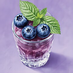Three fresh blueberries and vibrant mint leaves garnish a purple beverage in a faceted glass Light purple background