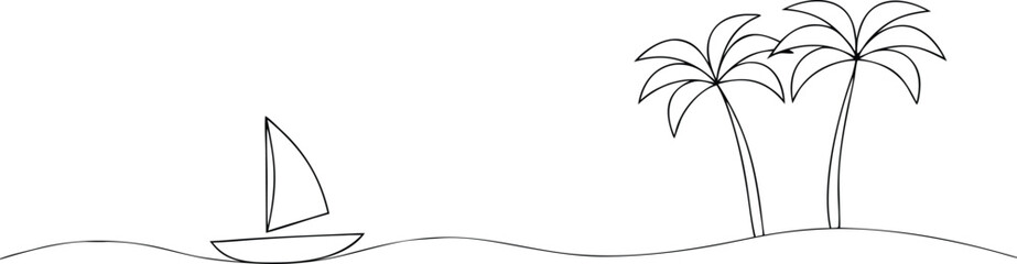 Obraz premium Simple line drawing of a sailboat and palm trees on a white background