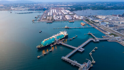 LNG (Liquified Natural Gas) tanker anchored in Gas terminal gas tanks for storage. Oil Crude Gas...