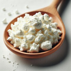 White cottage cheese curds fill a rustic wooden spoon resting on a clean white surface Scattered dairy product crumbles