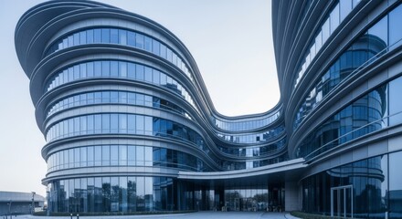 Modern Architectural Building Exterior - View of the exterior of a contemporary office building with curved design and glass windows