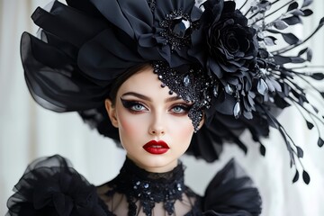A woman wearing a black hat with flowers on it