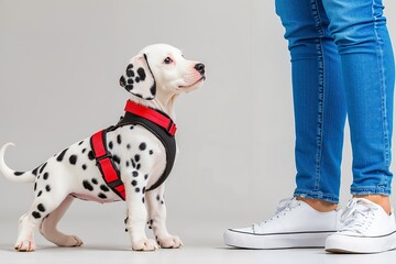 A dalmatian puppy wearing a red harness standing next to a person's legs