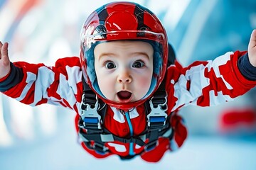 A baby in a red and white suit is flying through the air