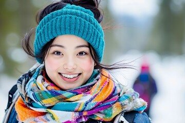 A young girl wearing a blue hat and scarf in the snow