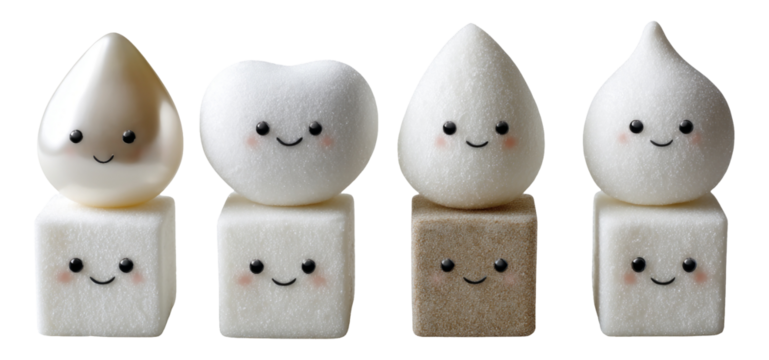 Cute Character Sugar Cubes with Smiling Faces and Various Shapes on Isolated Background