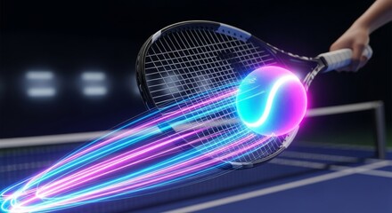 Neon Tennis Ball Impact with Racket - A glowing tennis ball streaks off a racket, symbolizing energy, speed, precision, innovation, and competition