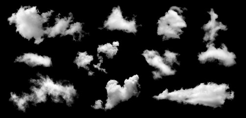 Collection of white fluffy cloud shapes isolated on black background, realistic sky elements for digital design, weather illustration, overlay texture, or creative atmospheric concept background.
