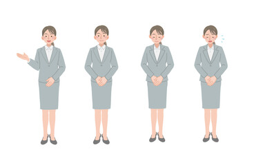 丁寧な動作をするビジネスウーマンのイラストセット（全身）
