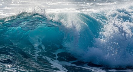 Obraz premium Ocean Wave Breaking - A powerful wave crests, showcasing the ocean's strength and beauty. It symbolizes energy, force, movement, vitality, and nature's power