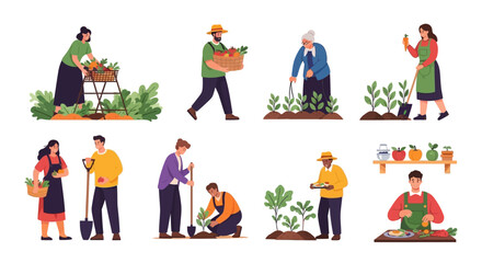 Flat Vector Gardening and Harvest Set - Diverse People Growing & Collecting Food