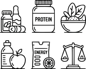 Healthy Nutrition and Organic Food Line Icons Balanced Diet and Supplement Vector Collection