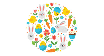Naklejka premium A cheerful collection of Easter-themed illustrations arranged in a circular shape, featuring bunnies, chicks, eggs, carrots, and spring flowers.