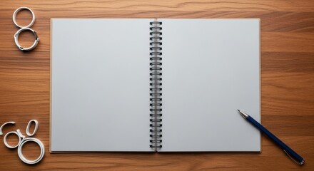 Open Notebook on Wooden Table - Open spiral notebook with blank pages on a wooden table. Represents creativity, ideas, learning, opportunity, and beginnings