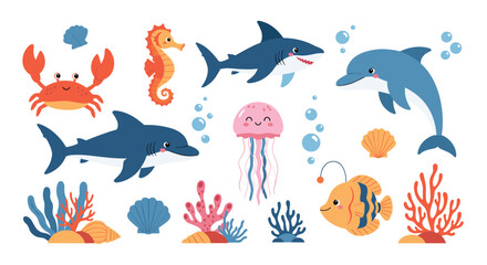 A cute collection of cartoon ocean animals including a shark, dolphin, crab, seahorse, jellyfish, anglerfish, and colorful corals.