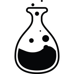 Simple Black and White Icon of a Flask With Bubbles and Liquid Inside and Transparent Background