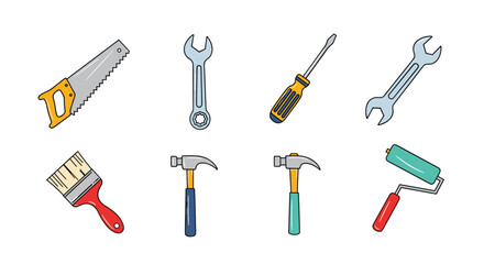 Naklejka premium A collection of various essential hand tools and equipment for home improvement, construction, and DIY projects, isolated on a white background.