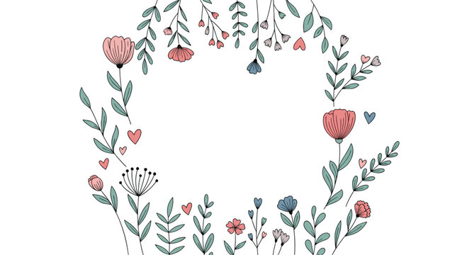 Cute hand-drawn floral wreath with colorful flowers, delicate leaves, and charming pink hearts on a clean white background.