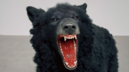 A fierce black dog snarling aggressively at the camera, with glossy fur and intense eyes
