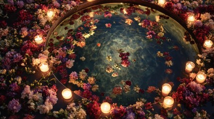 Elegant floral arrangement with lit candles around a central reflective water pool