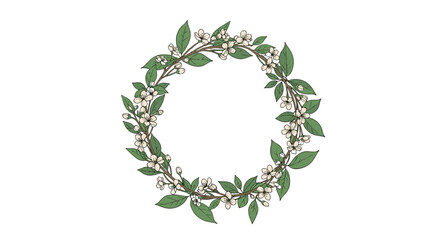 Obraz premium A beautiful circular wreath made of flowering branches with green leaves and small white blossoms, perfect for spring and nature-themed designs.