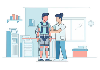 A man receives assistance with an advanced exoskeleton walker from a nurse in a rehabilitation clinic. Modern, supportive, and focused on mobility.