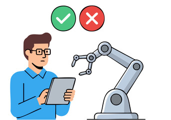 A man reviews a robotic arm using a tablet, indicating approval (checkmark) and rejection (cross). Modern, digital concept illustration.