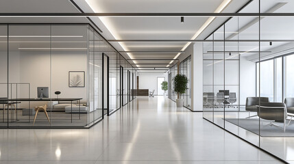 Modern office with simple furniture, glass dividers, and a professional atmosphere