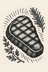 Monochrome woodcut style illustration of a grilled steak displaying prominent char marks Fresh herb sprigs flank the