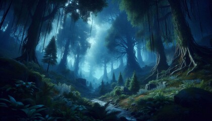 Dark atmospheric forest with a winding stream towering trees tangled roots and blue misty light
